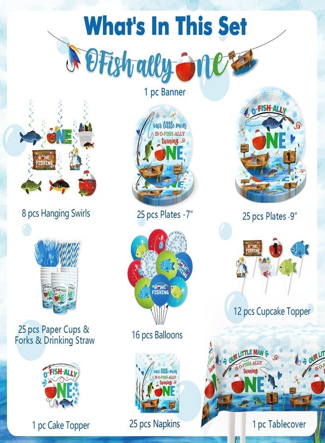 cocomigo 201pcs Ofishally One Birthday Decorations Tableware Set, O Fishally One First Birthday Decorations Plates Banner Cake Topper Ofishally One Balloons for Gone Fishing Party Decorations - Image 2